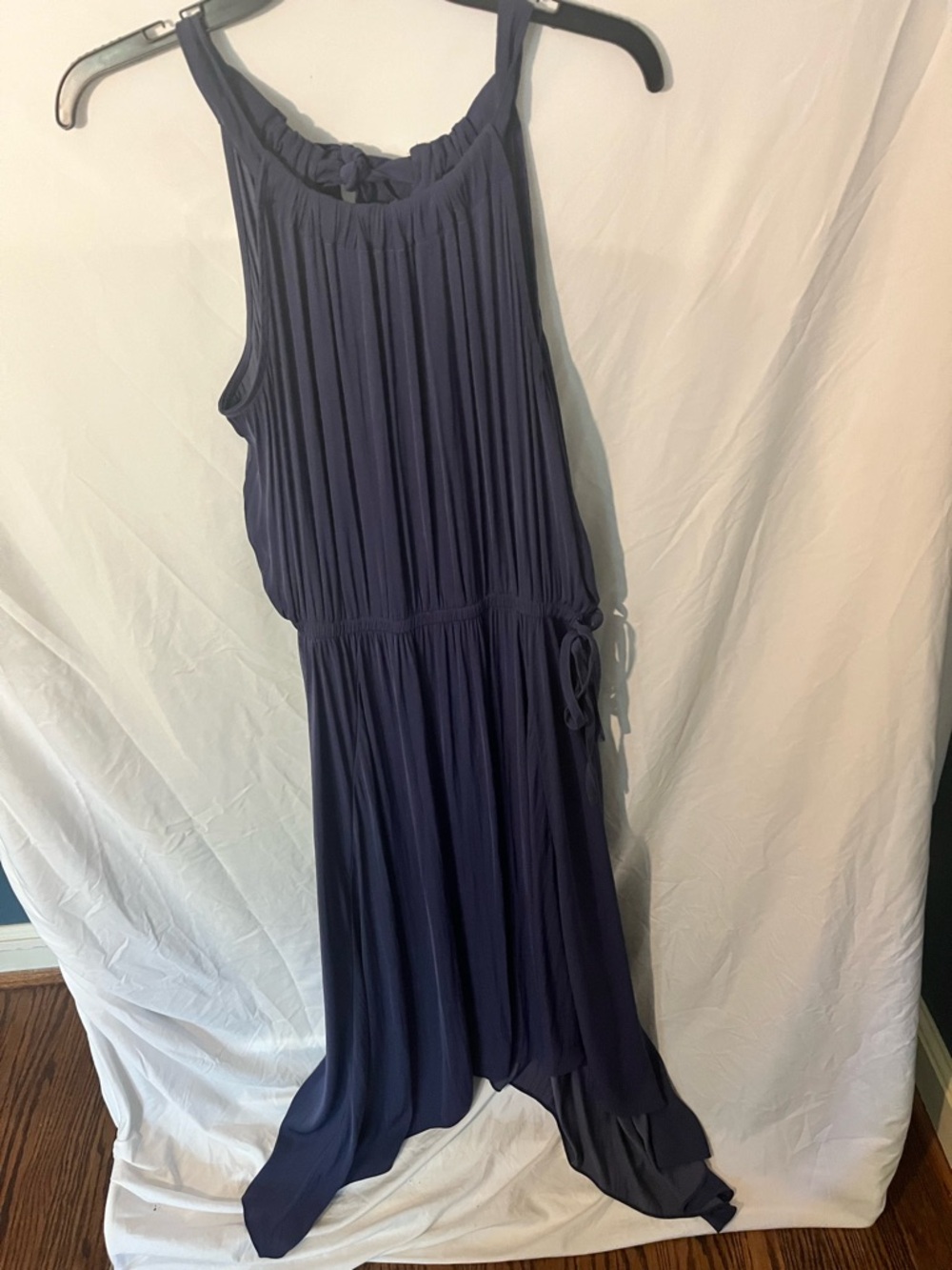 Sleeveless Navy Pleated Asymmetrical Maxi Dress - Women